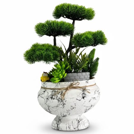 Mermer desenli saksıda bonsai ağacı