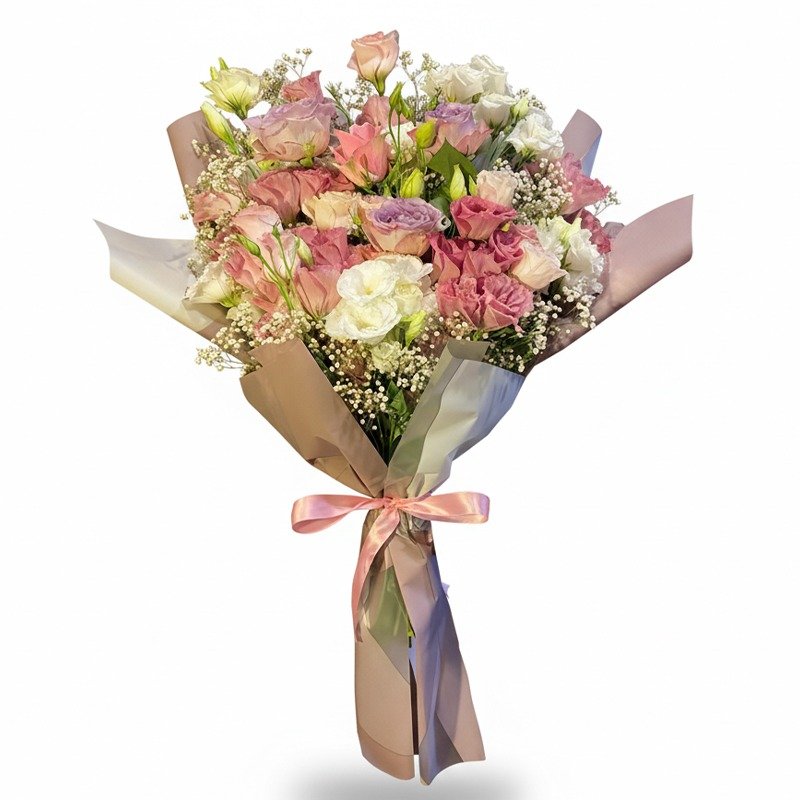 Pastel pembe gül ve lisianthus buketi